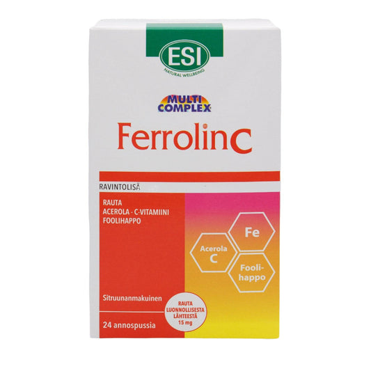 ESI FerrolinC 柠檬味铁蛋白琥珀酸酯+针叶樱桃 24 annospussia｜ESI FerrolinC Sitruunanmakuinen Rautapidolaatti + Acerola  24 annospussia