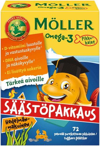 Möller Omega-3 小鱼 实惠装 水果味 软嚼 72kpl｜Möller Omega-3 Pikkukalat säästöpakkaus hedelmänmakuinen pehmeä pureskeltava 72kpl