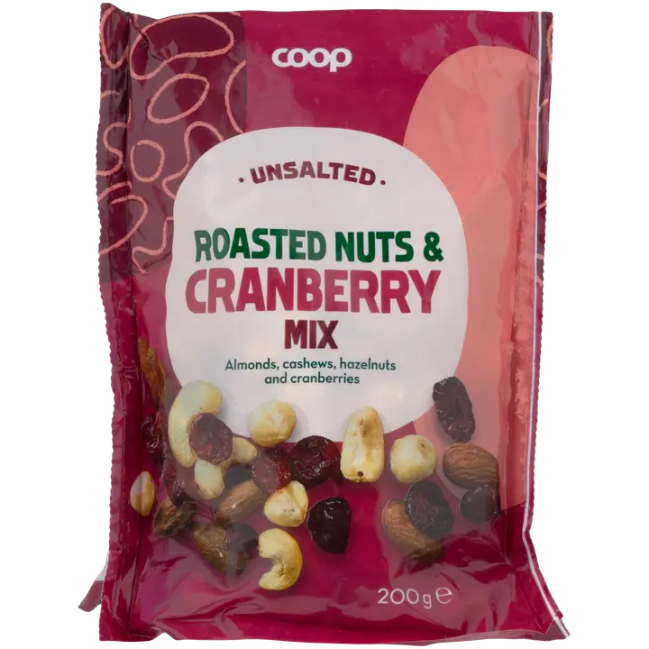 Coop paahdettu pähkinä- ja karpalosekoitus 200g suolaamaton-Coop 烤坚果和蔓越莓混合物 200g 无盐
