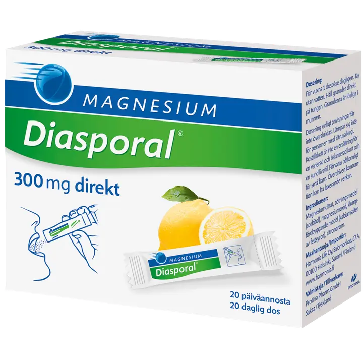 Diasporal sitruunanmakuinen magnesium-annosrae 300mg Direkt ravintolisä 27g/20kpl-Diasporal 柠檬味镁剂量颗粒 300mg Direkt 食品补充剂 27g/20 粒