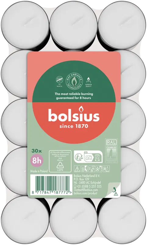 Bolsius 保温蜡烛 – 8小时燃烧时间 – 30支/包｜Bolsius – lämpökynttilät – 8 tunnin paloaika – 30 kpl/pakkaus