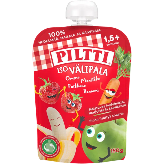 Piltti 150g Iso välipala Omena-mansikka-porkkana-banaani 1,5+v annospussi｜Piltti 150克大零食苹果-草莓-胡萝卜-香蕉1.5+y份袋