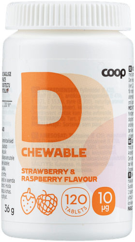 Coop 维生素D 10微克草莓-覆盆子 120 purutablettia