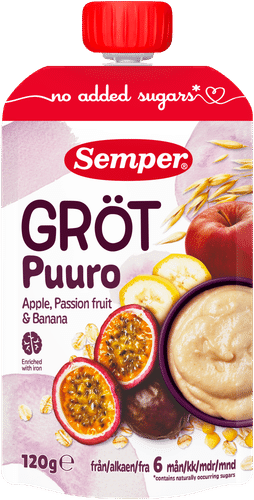 Semper 百香果、苹果、香蕉即食婴儿粥（6个月起） 120g｜Semper Puuro Passionhedelmä, omena, banaani 6kk käyttövalmis lastenpuuro 120g