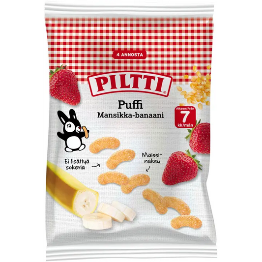 Piltti Puffi 28g Mansikan ja Banaanin makuisia maissinaksuja 7kk｜Piltti Puffi 28g 草莓香蕉味玉米零食 7 个月