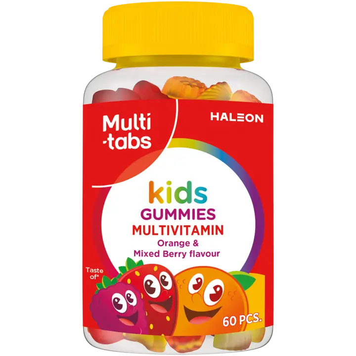 Multi-tabs Kids Gummies Monivitamiini, Appelsiinin ja Marjanmakuinen pehmeä, sokeriton ja pureskeltava monivitamiinivalmiste, 60 kpl-Multi-tabs 儿童综合维生素软糖，橙子和浆果味软质、无糖、可咀嚼的综合维生素制剂， 60 kpl