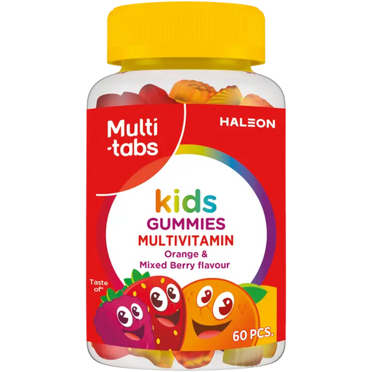 Multi-tabs Kids Gummies Monivitamiini, Appelsiinin ja Marjanmakuinen pehmeä, sokeriton ja pureskeltava monivitamiinivalmiste, 60 kpl-Multi-tabs 儿童综合维生素软糖，橙子和浆果味软质、无糖、可咀嚼的综合维生素制剂， 60 kpl