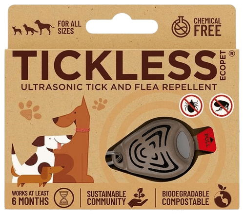 Tickless-ecopet, ultraääni punkkikarkoitin. Tuote ja pakkaus valmistettu kierrätysmateriaaleista.