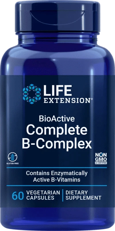 Life Extension BioActive Complete B-Complex 60 kaps. - Huom. B6-vitamiinin vahvuus 16 mg｜Life Extension BioActive全效B族复合维生素 60粒 - 注：B6维生素强度 16 mg