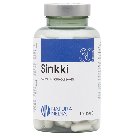 锌 30毫克 120粒｜Natura Media Sinkki 30 mg 120 kaps.