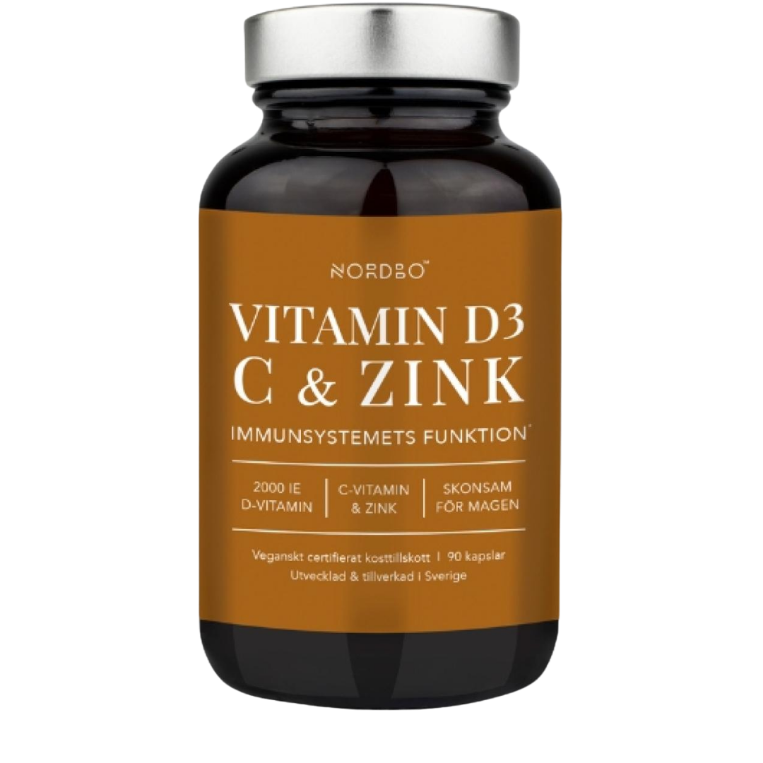 Nordbo D3, C-vitamin & Zinc 90 kaps.｜Nordbo D3、维生素 C 和锌 90 粒胶囊。