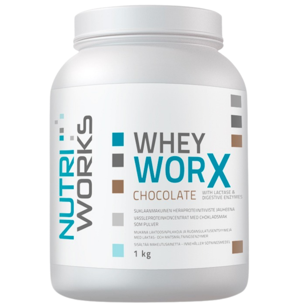 Nutri Works Whey Worx - 乳清蛋白粉+酶，巧克力 1000 g｜Nutri Works Whey Worx - Heraproteiinijauhe + entsyymit, suklaa 1000 g
