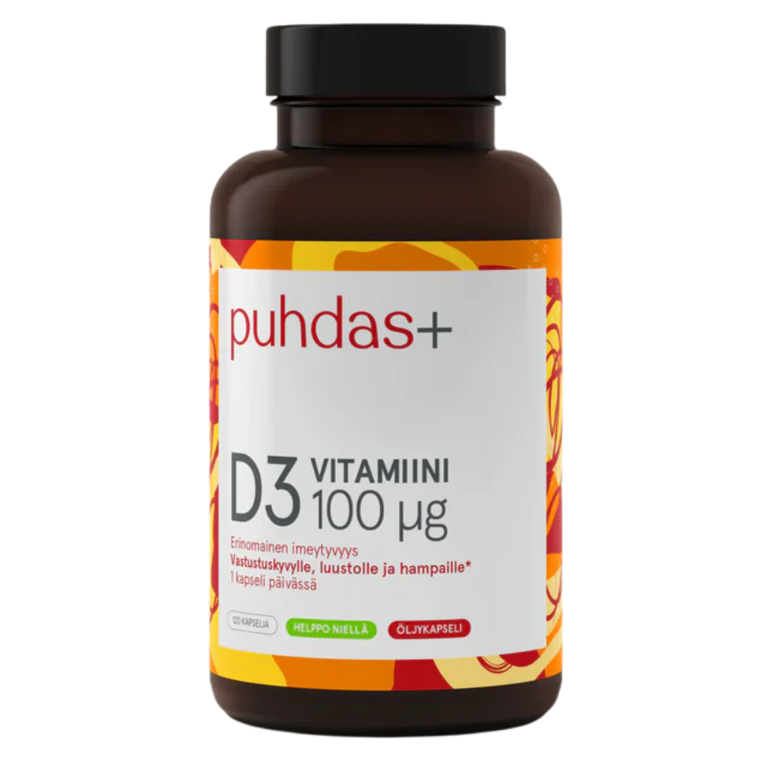Puhdas+ 维生素D3橄榄油 100微克 120粒｜Puhdas+ D3-vitamiini Oliiviöljy 100 µg 120 kaps.