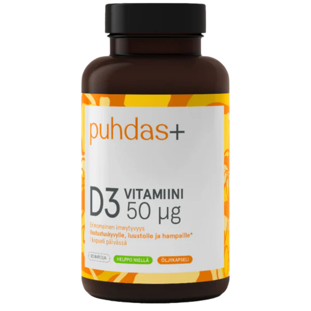Puhdas+ 维生素D3橄榄油 50微克 120粒｜Puhdas+ D3-vitamiini Oliiviöljy 50 µg 120 kaps.