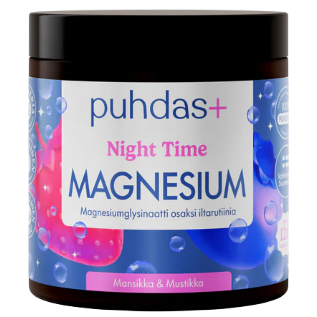 Puhdas+ 夜间镁 - 草莓与蓝莓 80 g｜Puhdas+ Night Time Magnesium - Mansikka & Mustikka 80 g
