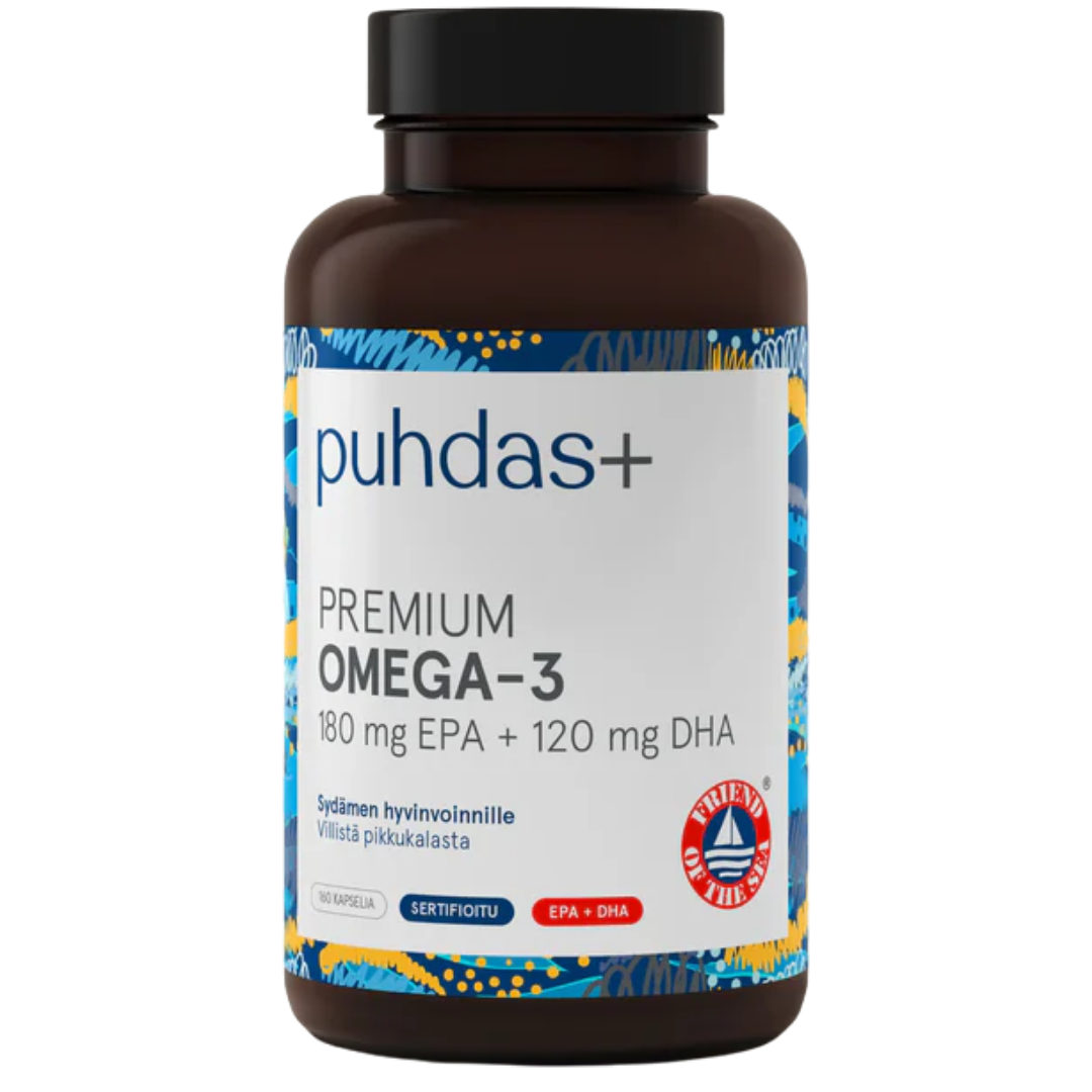 Puhdas+ Premium Omega-3 180毫克EPA + 120毫克DHA 160粒｜Puhdas+ Premium Omega-3 180 mg EPA + 120 mg DHA 160 kaps.