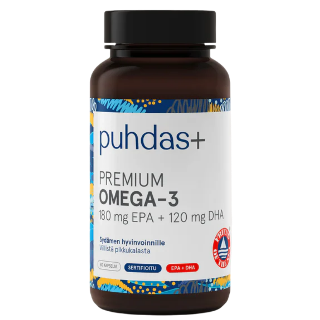Puhdas+ Premium Omega-3 180毫克EPA + 120毫克DHA 80粒｜Puhdas+ Premium Omega-3 180 mg EPA + 120 mg DHA 80 kaps.