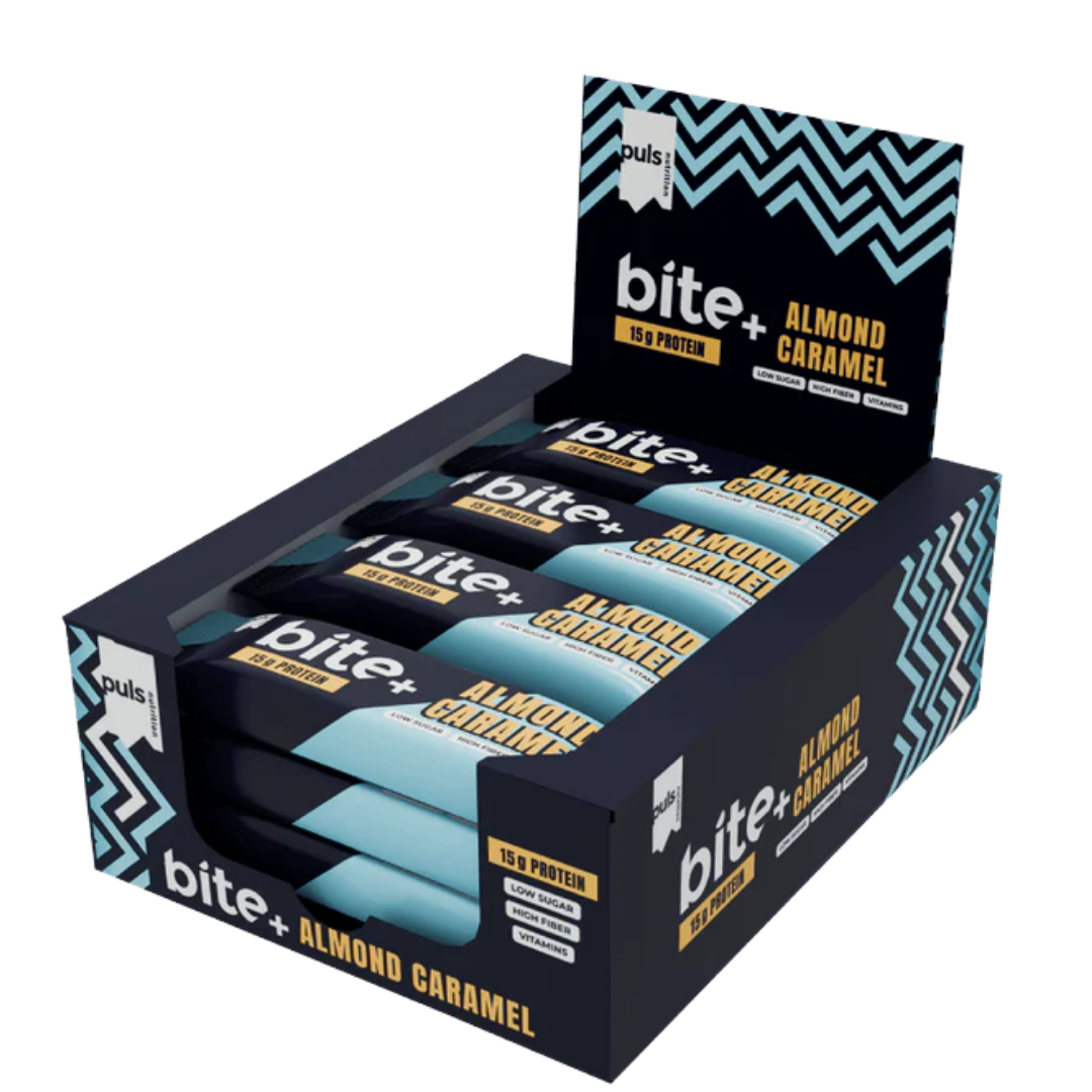 Puls Nutrition Bite+ 杏仁焦糖蛋白棒 12 x 50克 批发装｜Puls Nutrition Bite+ Almond Caramel - Proteiinipatukka Manteli Karamelli 12 x 50 g TUKKUPAKKAUS