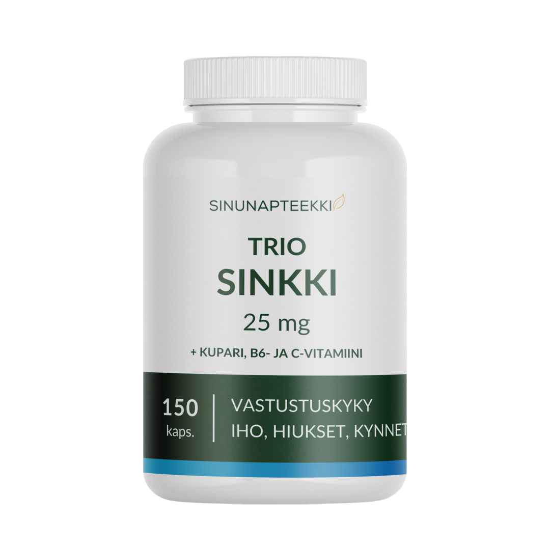 Sinunapteekin Trio Sinkki 25 mg 150 kaps.｜Sinunapteekin Trio 锌 25 毫克 150 粒胶囊。