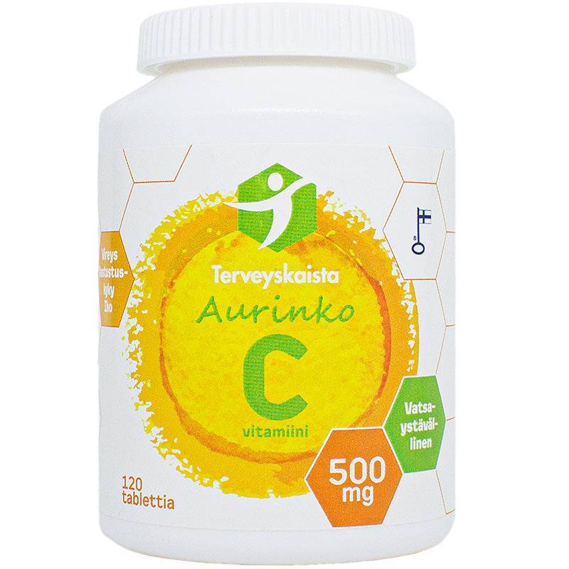 Terveyskaista Aurinko C-vitamiini 500 mg 120 tabl.｜Terveyskaista Sun 维生素 C 500 毫克 120 片。