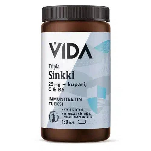 Vida三效锌25毫克+铜、C和B6 120粒｜Vida Tripla Sinkki 25 mg + Kupari, C & B6 120 kaps.