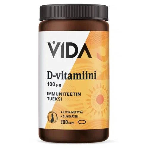Vida D-Vitamiini 100 µg 200 kaps.｜Vida D-维生素 100 µg 200 粒。