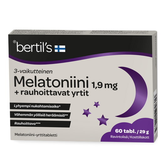 伯特利氏褪黑素+舒缓草药 1.9毫克 60片｜Bertil's Melatoniini + Rauhoittavat yrtit 1,9 mg 60 tabl.