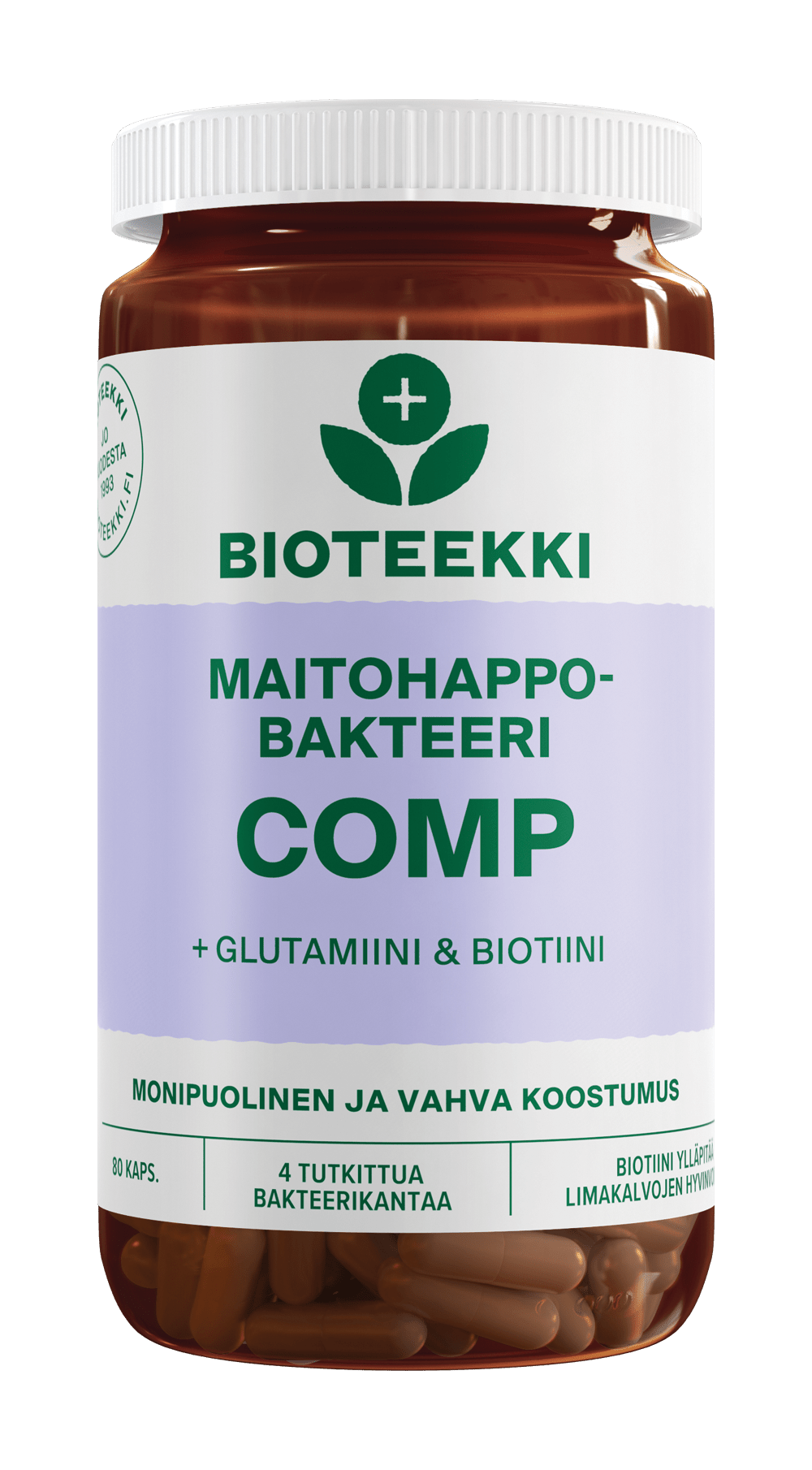 Bioteekki Maitohappobakteeri COMP + Glutamiini & Biotiini 80 kaps.｜Bioteekki 乳酸菌 COMP + 谷氨酰胺和生物素 80 粒。