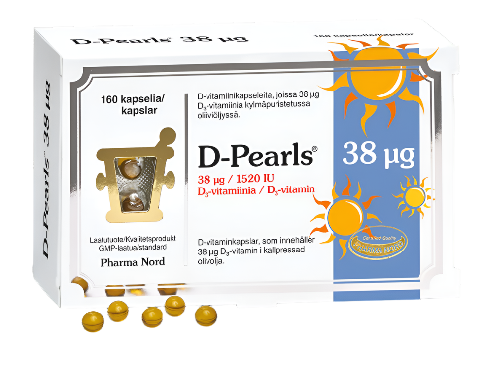 Pharma Nord D-Pearls D-vitamiini 38 µg 160 kaps.｜Pharma Nord D-Pearls 维生素 D 38 微克 160 粒。