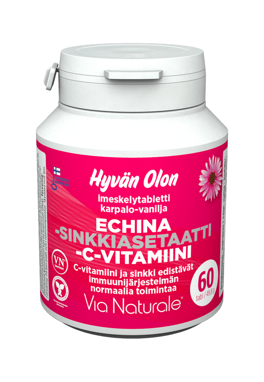 Hyvän Olon 紫锥菊-醋酸锌-维生素C 含片 蔓越莓香草味 60片 - 停产｜Hyvän Olon Echina- Sinkkiasetaatti - C-vitamiini Imeskelytabletti karpalo-vanilja 60 tabl. - poistuu