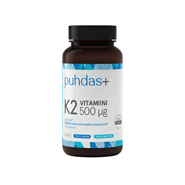 Puhdas+ K2-vitamiini 500 µg 60 kaps.｜Puhdas+ 维生素 K2 500 µg 60 粒胶囊。