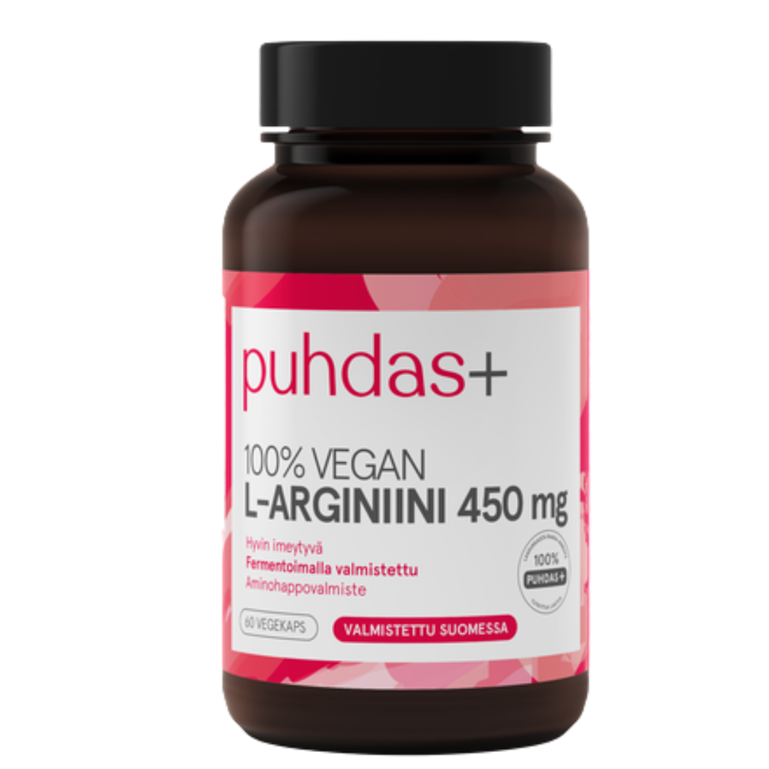 Puhdas+ L-精氨酸 450毫克 60粒素食胶囊｜Puhdas+ L-Arginiini 450 mg 60 vegekaps.