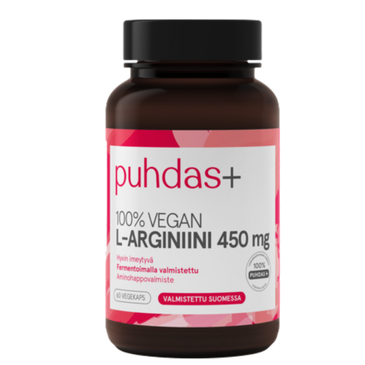 Puhdas+ L-精氨酸 450毫克 60粒素食胶囊｜Puhdas+ L-Arginiini 450 mg 60 vegekaps.