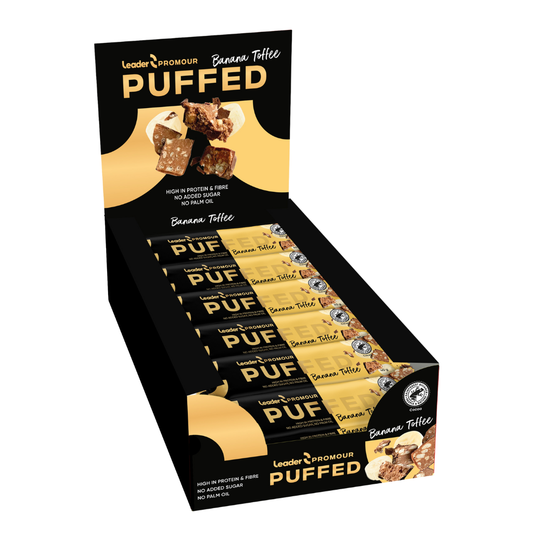 Leader Promour 膨化香蕉太妃蛋白棒 24x40克 - 批发装 - 日期2026年9月22日｜Leader Promour Puffed Banana Toffee - Proteiinipatukka Banaani & Toffee 24 x 40 g - TUKKUPAKKAUS - Päiväys 22/09/2026