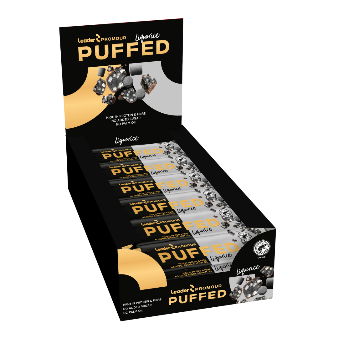 Leader Promour Puffed Liquorice - Proteiinipatukka Lakritsi 24 x 40 g TUKKUPAKKAUS - Päiväys 06/2026｜Leader Promour 膨化甘草 - 蛋白棒 甘草味 24 x 40克 批发装 - 有效期至2026年6月