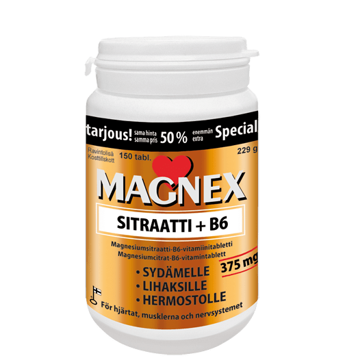 Magnex柠檬酸盐+B6 375毫克促销装150片｜Magnex Sitraatti+B6 375mg KAMPANJAPAKKAUS 150 tabl.