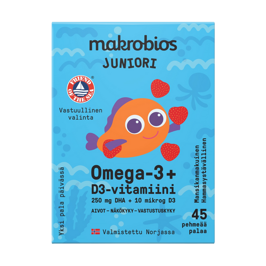 Makrobios Junior Omega-3+D3维生素45粒果胶软糖｜Makrobios Juniori Omega-3 + D3-vitamiini 45 geelipalaa - erä