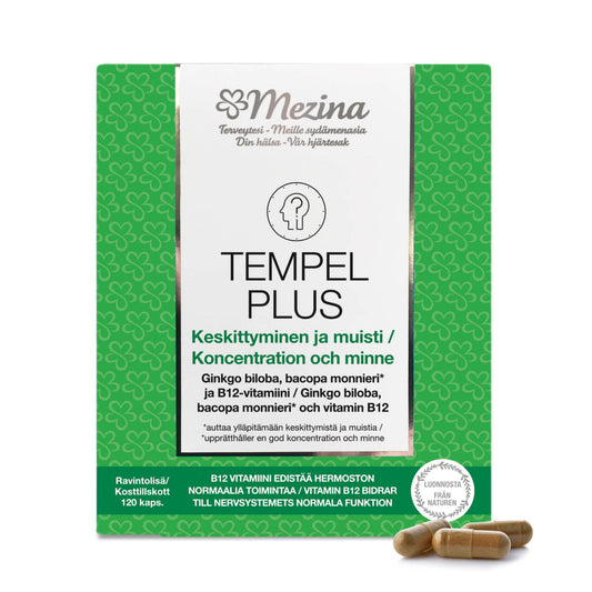 Tempel Plus - 银杏叶、假马齿苋和维生素B12 - 120粒｜Tempel Plus - Ginkgo Biloba, Bacopa Monnieri ja B12-vitamiini - 120 kaps.