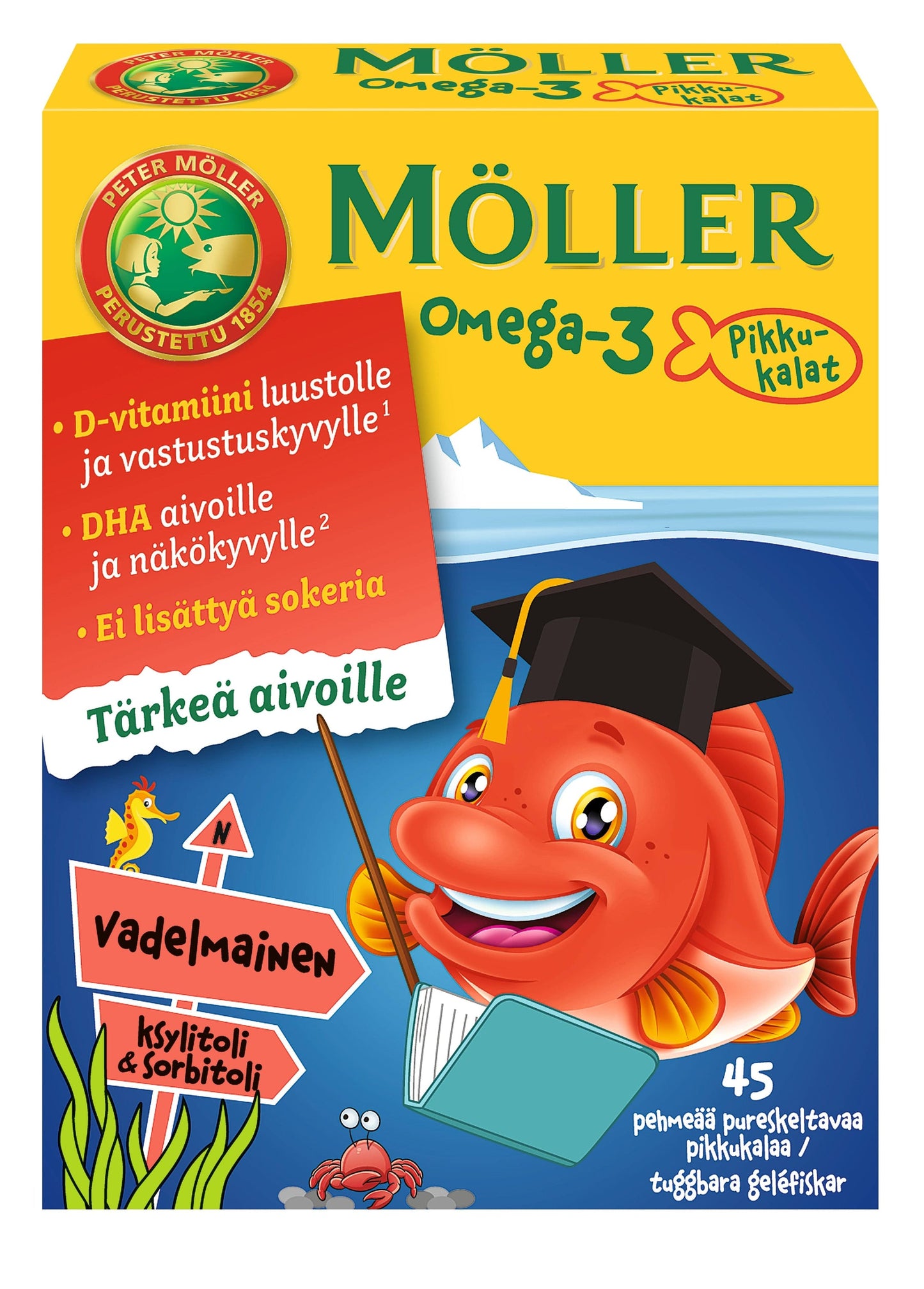 Möller Omega-3 Pikkukalat Vadelma 45 kpl - Päiväys 09/2026