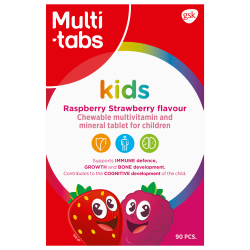 Multi-tabs Kids 覆盆子-草莓多种维生素 90 purutablettia｜Multi-tabs Kids Vadelma-mansikka Monivitamiini 90 purutablettia