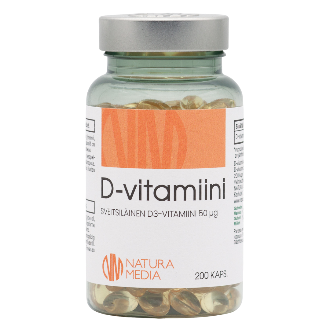 Natura Media D3-vitamiini 50 µg 200 kaps.｜Natura Media 维生素 D3 50 µg 200 粒。