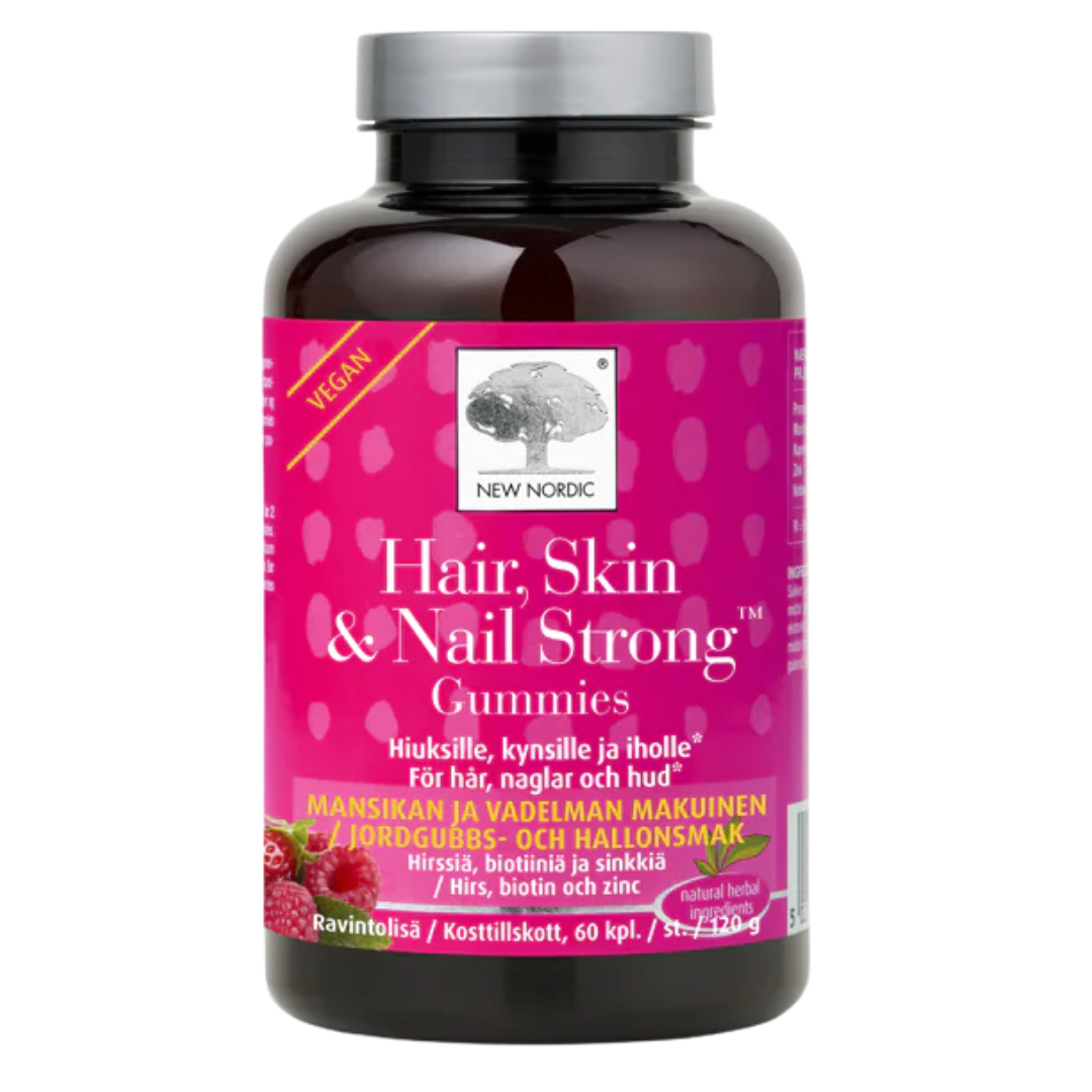 New Nordic Hair, Skin & Nail Strong Gummies -  Pehmovitamiini hiuksille, iholle ja kynsille 60 kpl｜New Nordic 头发、皮肤和指甲强力软糖 - 头发、皮肤和指甲的软维生素 60 kpl