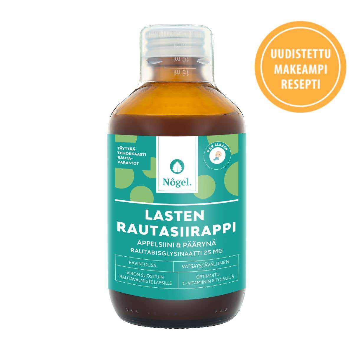 Nogel Rautasiirappi 25 mg - Appelsiini ja Päärynä 250 ml - Päiväys 04/2026 erä｜Nogel 铁糖浆 25 毫克 - 橙子和梨 250 毫升 - 日期 04/2026 批次