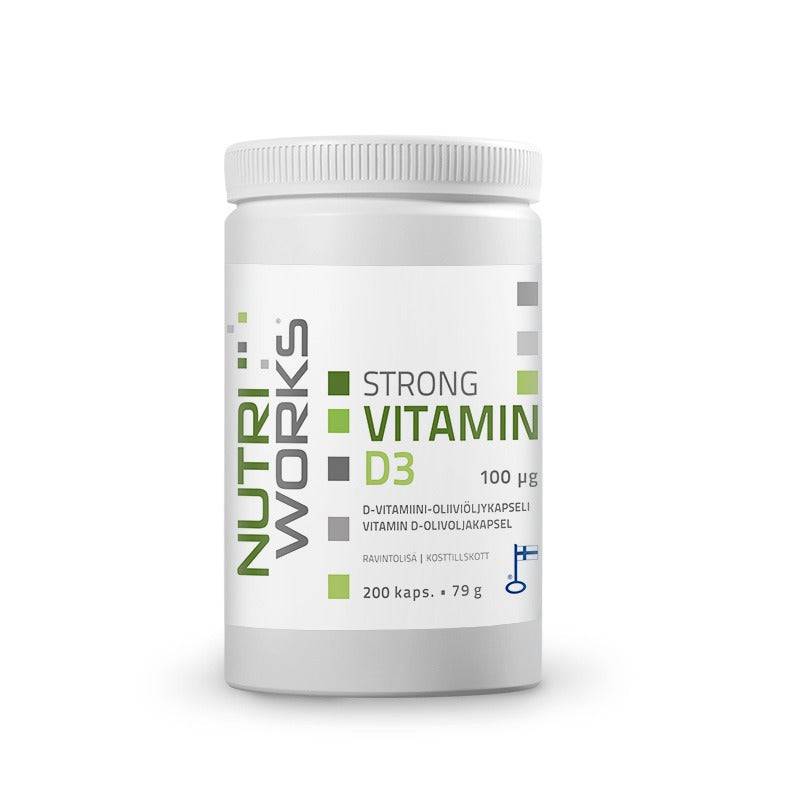 Nutri Works Strong Vitamin D3 100 µg - Vahva D3-vitamiini-oliiviöljykapseli 200 kaps. - erä｜Nutri Works 强效维生素 D3 100 µg - 强效维生素 D3 橄榄油胶囊 200 粒。 - 很多