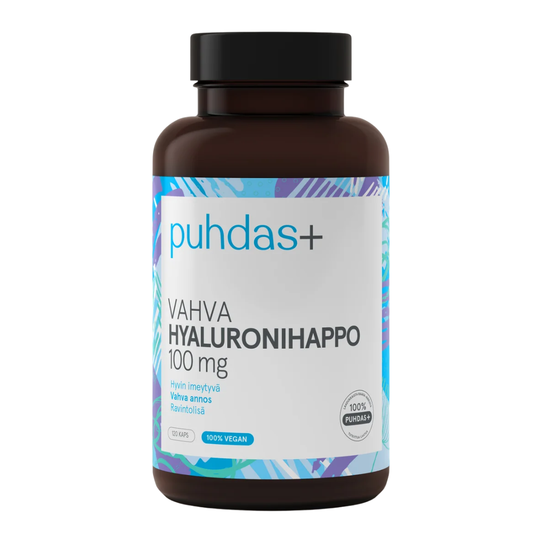 Puhdas+ Beauty Vahva Hyaluronihappo 100 mg 120 kaps.｜Puhdas+ Beauty 强效透明质酸 100 毫克 120 粒胶囊。