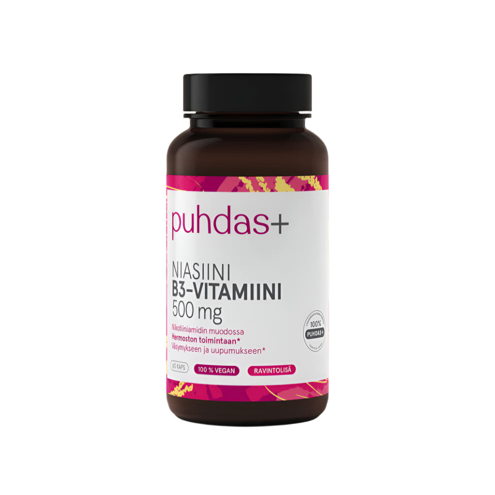 Puhdas+ B3-vitamiini Niasiini 500 mg 60 kaps.｜Puhdas+ 维生素 B3 烟酸 500 毫克 60 粒胶囊。