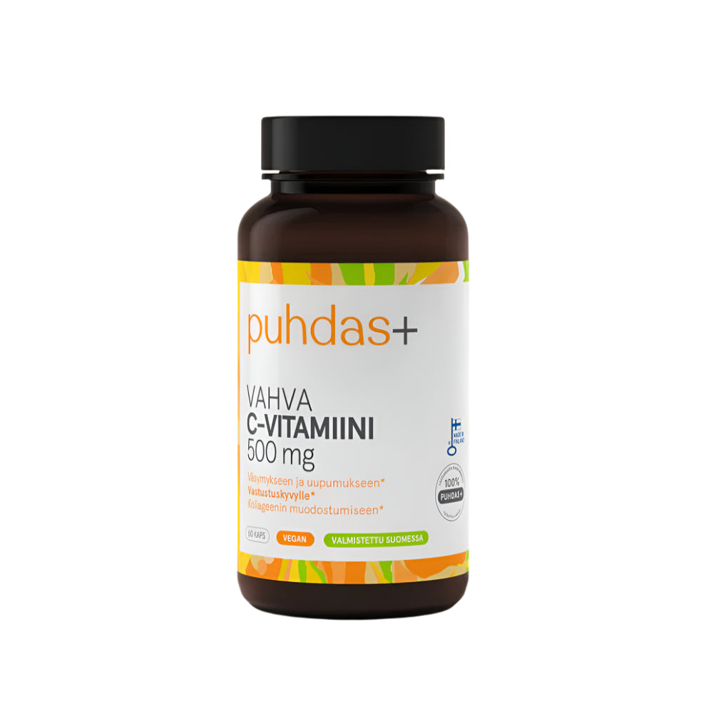Puhdas+ Vahva C-vitamiini 500 mg 60 kaps.｜Puhdas+ 强效维生素 C 500 毫克 60 粒。