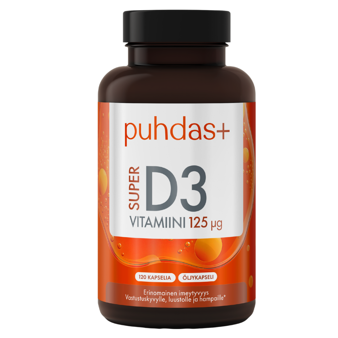 Puhdas+ 超级维生素D3 125微克 120粒｜Puhdas+ Super D3-vitamiini 125 µg 120 kaps.