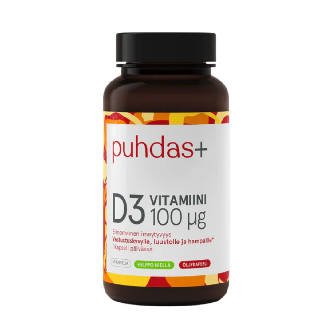 Puhdas+ Oliiviöljy D3-Vitamiini 100 µg 60 kaps.｜Puhdas+ 橄榄油 D3-维生素 100 µg 60 粒。