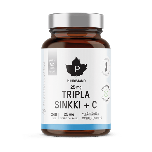Puhdistamo 三倍锌+维生素C 25毫克 经济装 240粒｜Puhdistamo Tripla Sinkki + C 25 mg SÄÄSTÖPAKKAUS 240 kaps.